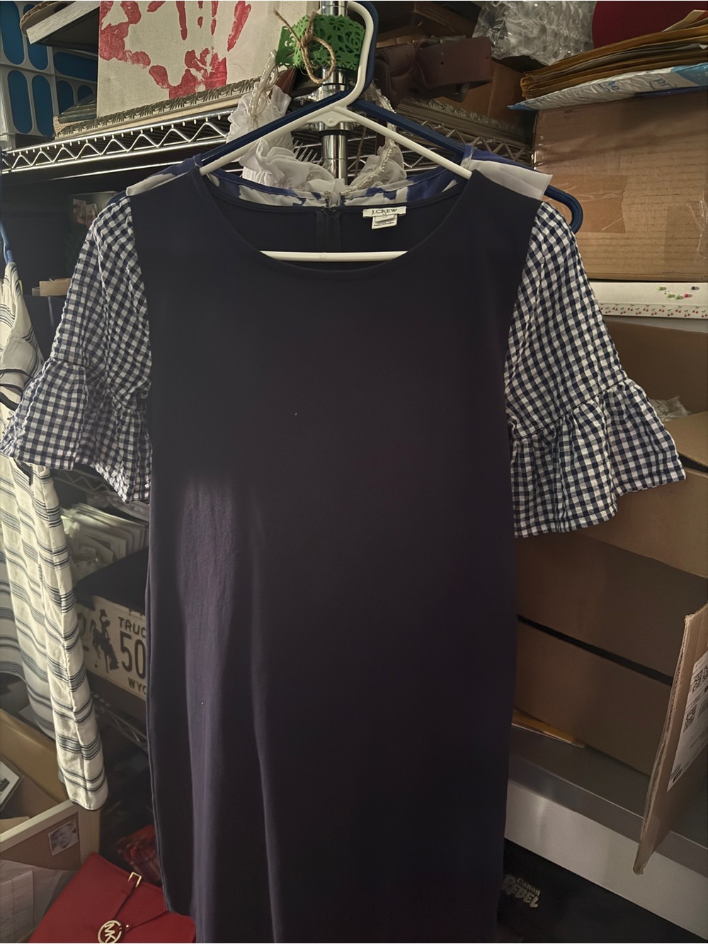 Navy Dress with Gingham Ruffle Sleeves